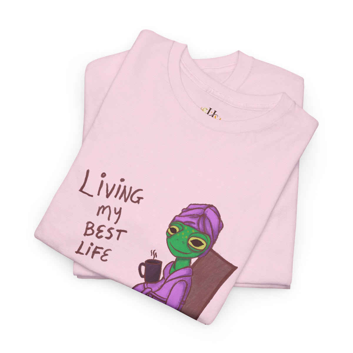 Light pink T-shirt with colorful character graphic and &
