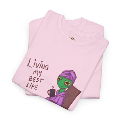Light pink T-shirt with colorful character graphic and &