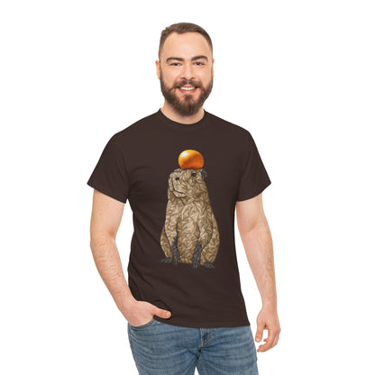 Unisex heavy cotton t-shirt, dark brown, capybara graphic with orange fruit