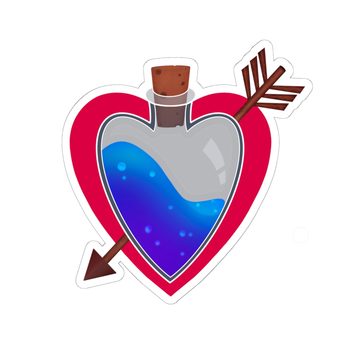 Heart potion kiss-cut vinyl sticker showing blue liquid flask, red outline, arrows and wings