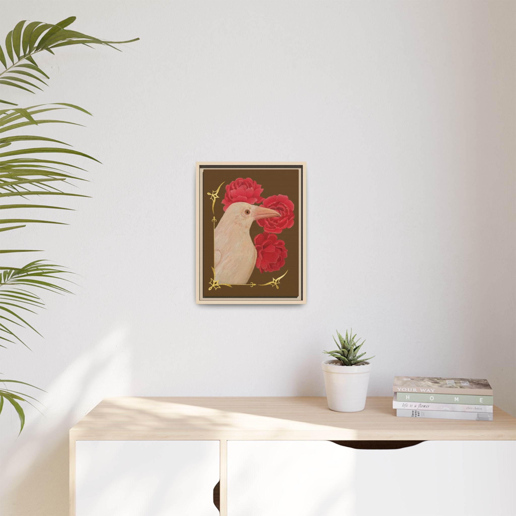 Framed matte canvas print with white bird and red peonies, small dark frame