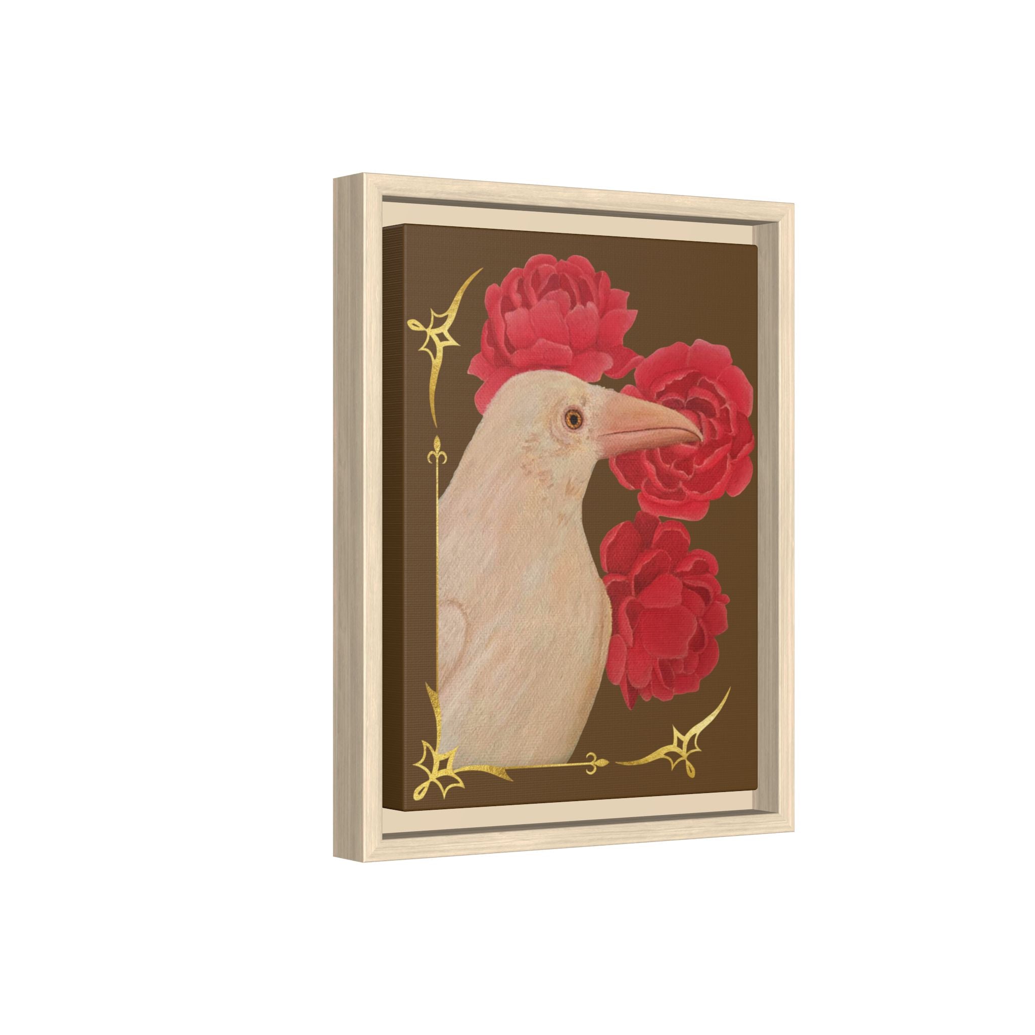 Natural wood framed canvas art print featuring a white raven and red peonies.