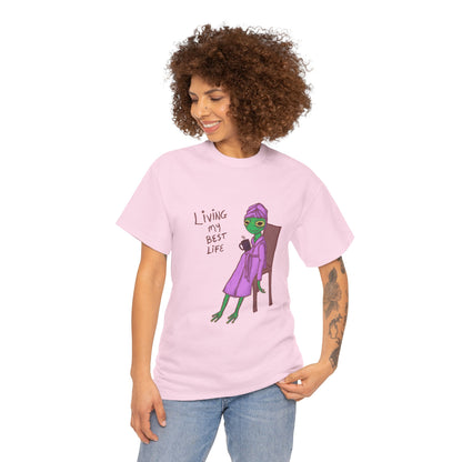 Light pink graphic T-shirt on model, crew neck, short sleeves with character artwork
