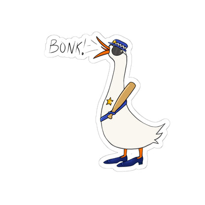 White die-cut kiss-cut sticker of a cartoon goose with “BONK!” and blue uniform details