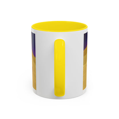 Coffee mug with yellow handle and rim, white body, vertical yellow stripe graphic on side