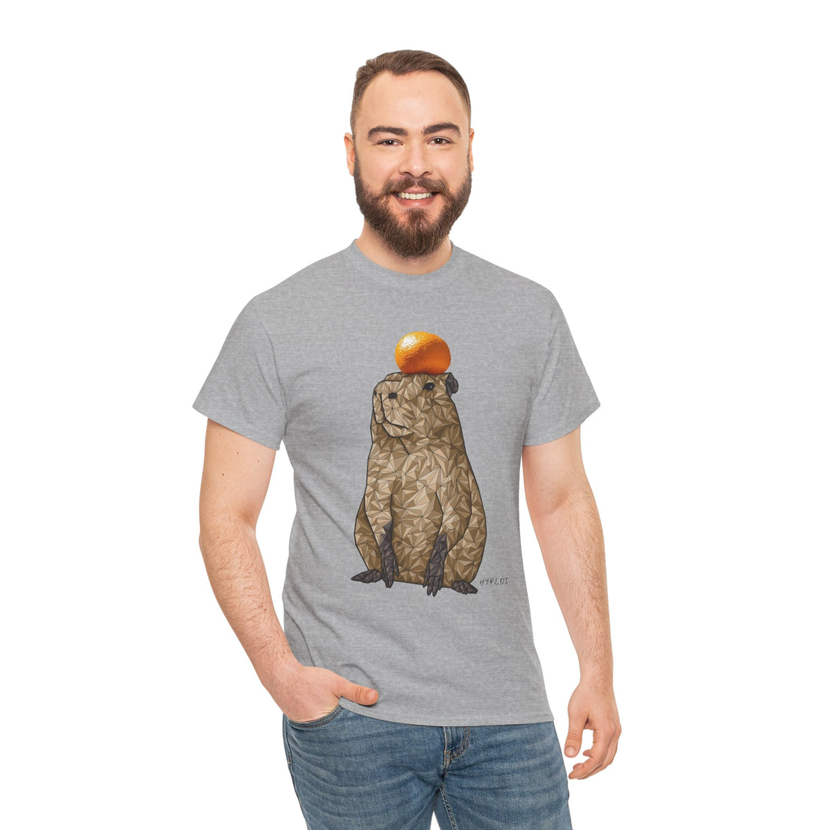Unisex heavy cotton T-shirt, heather gray, orange capybara graphic on chest