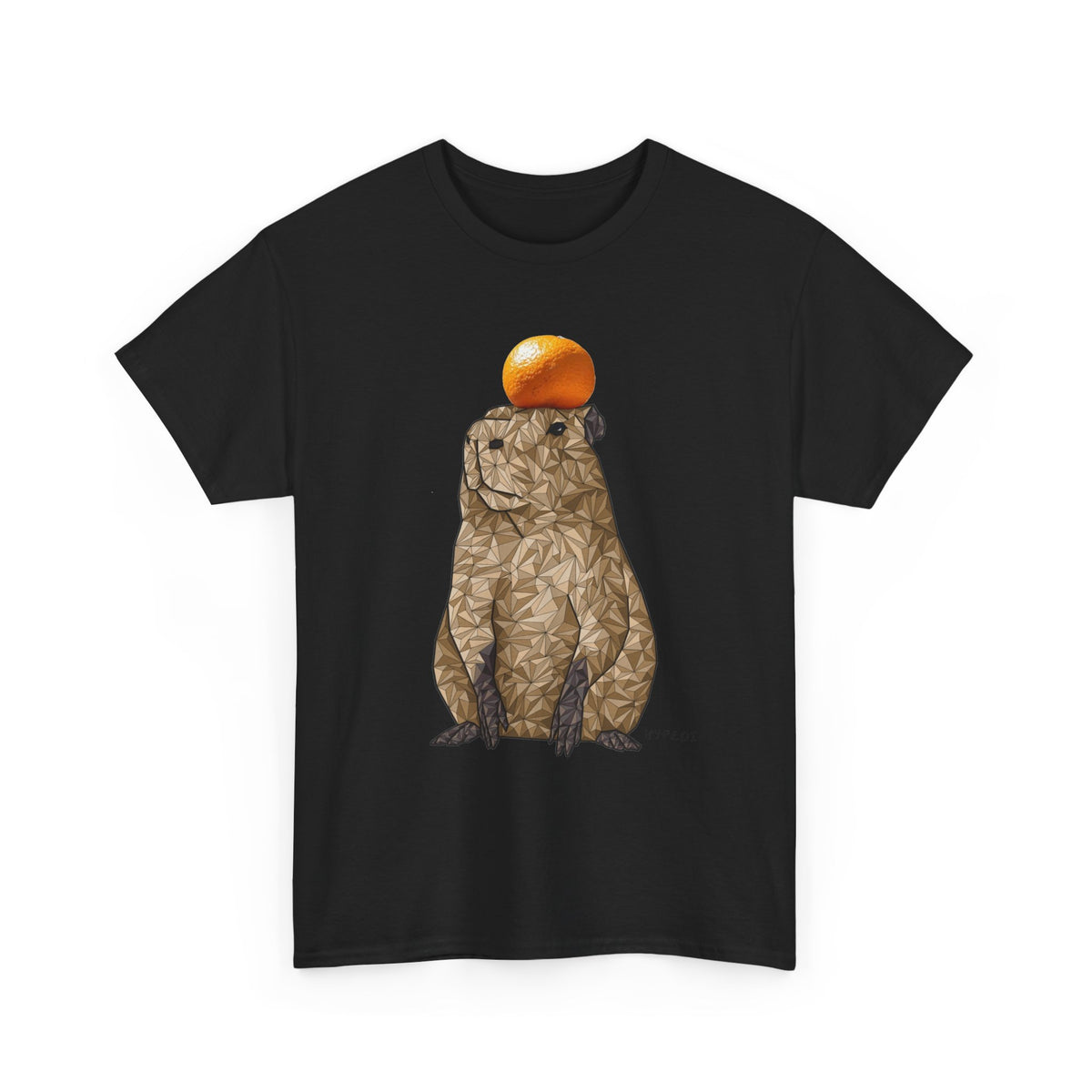 Unisex graphic T-shirt, black crewneck with capybara and orange top print