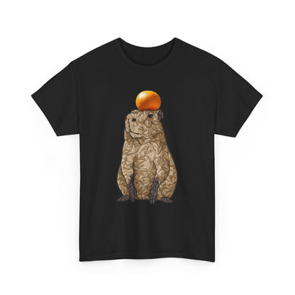 Unisex graphic T-shirt, black crewneck with capybara and orange top print