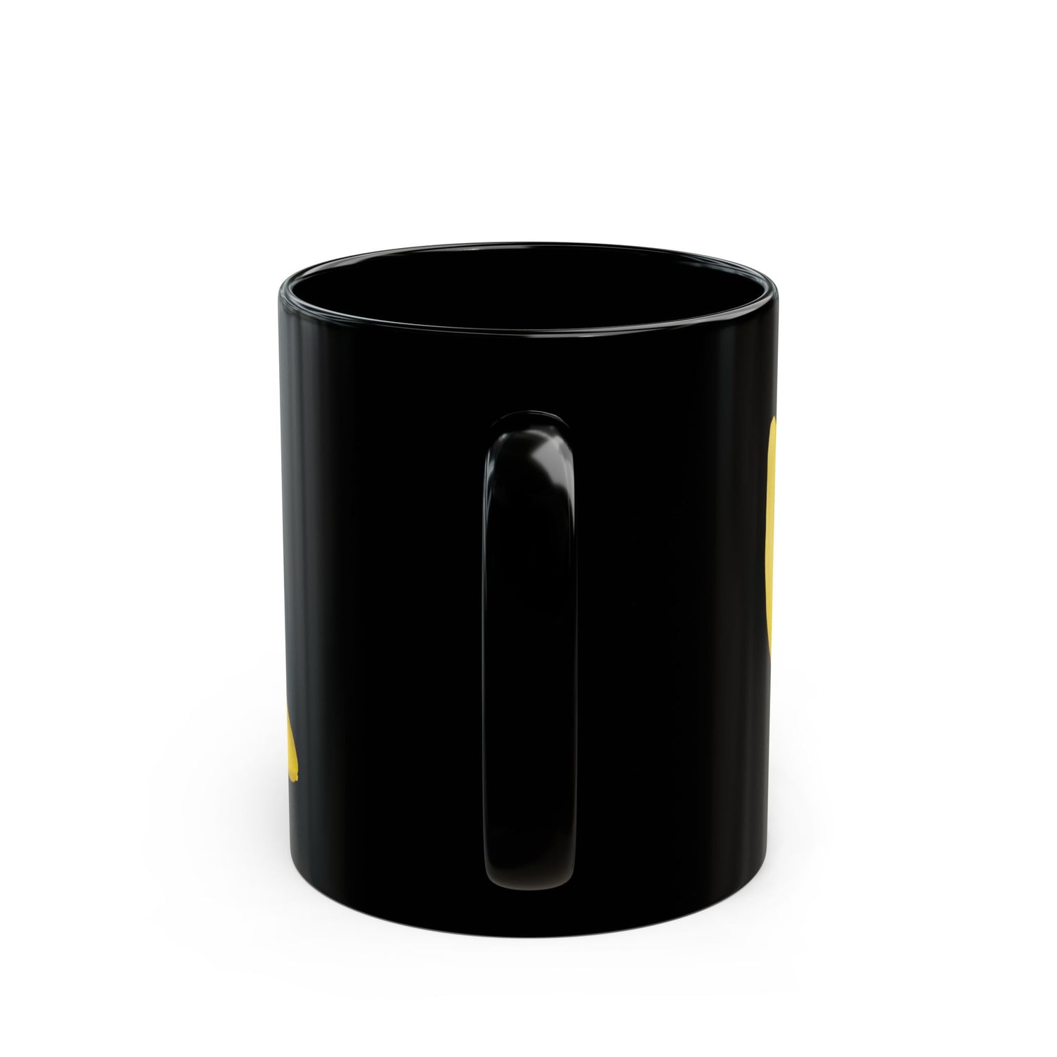 Black ceramic mug with partial yellow tulip and frog graphic on the side