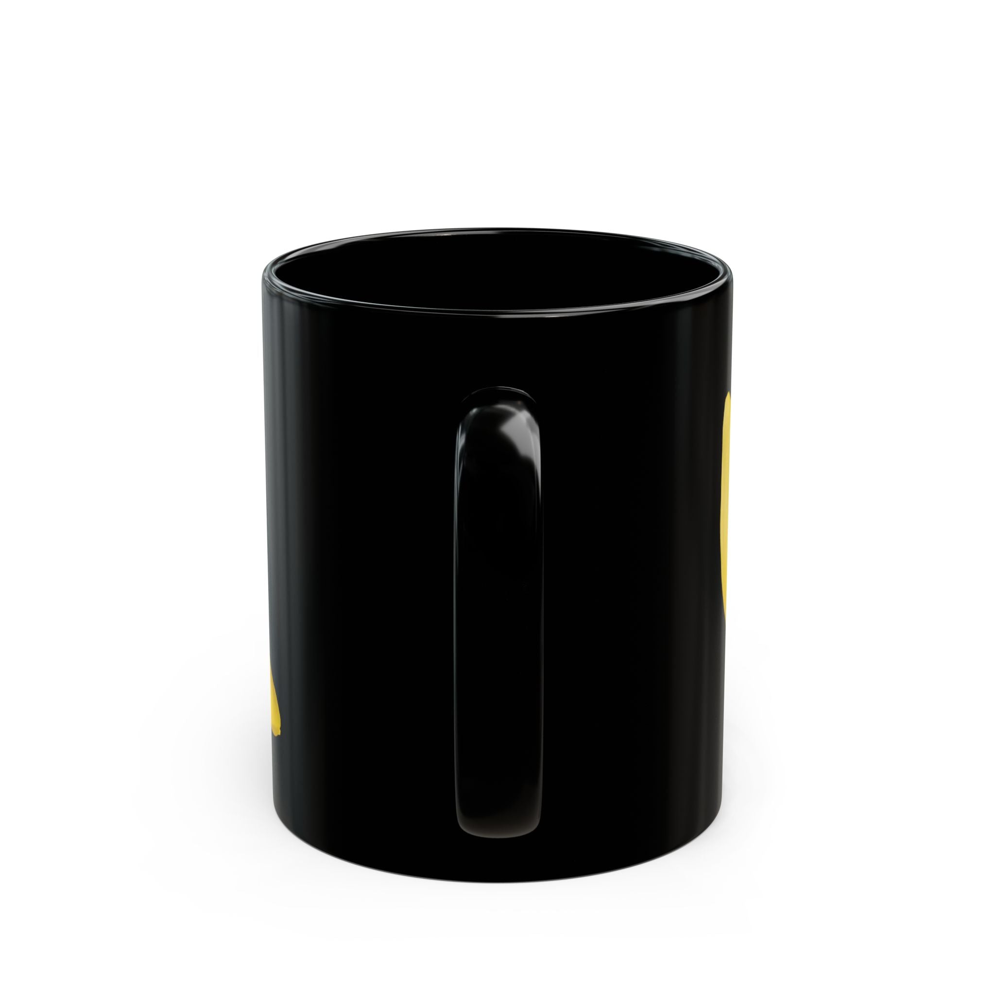 Black ceramic mug with partial yellow tulip and frog graphic on the side