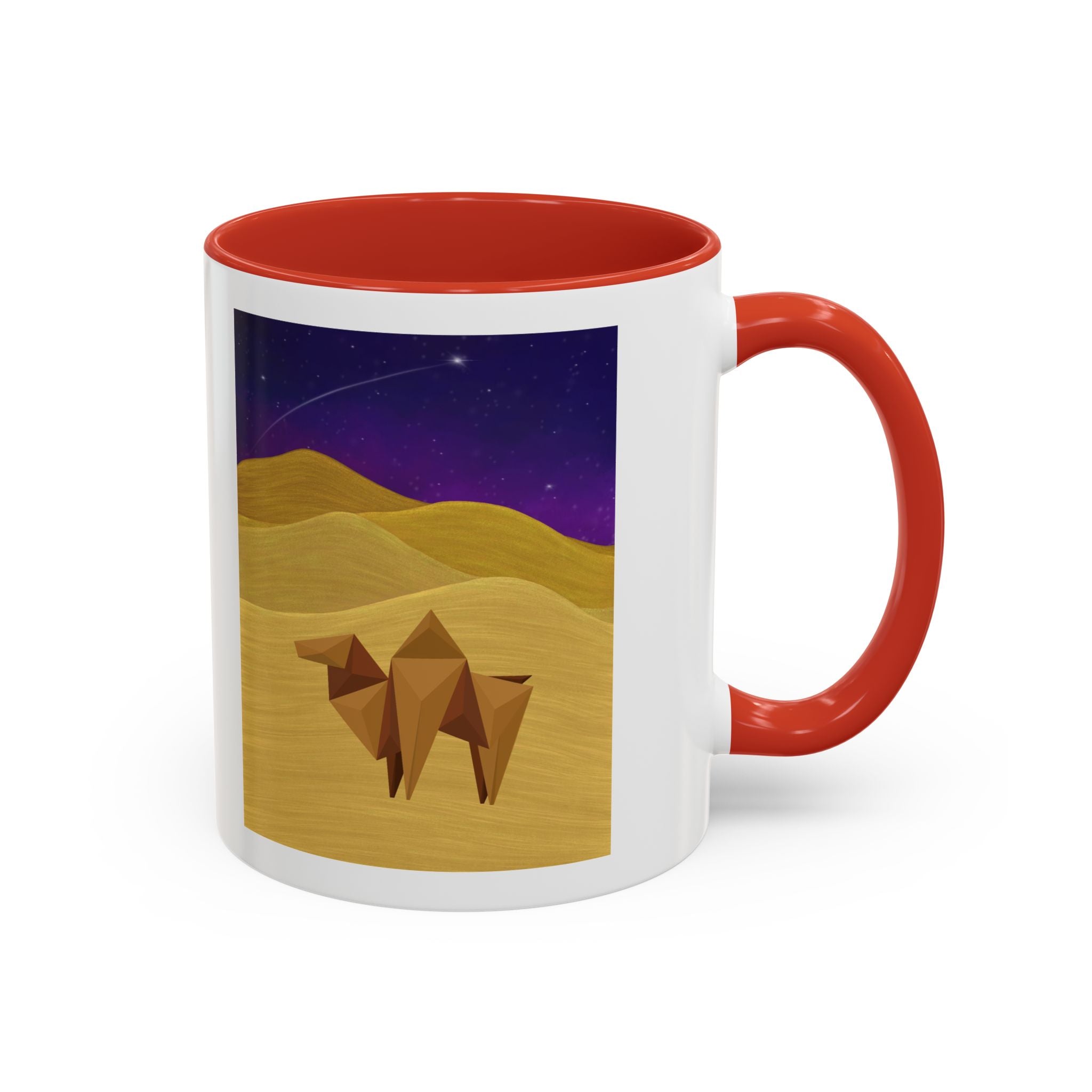 White coffee mug with red-orange rim and handle, desert-night camel graphic in center