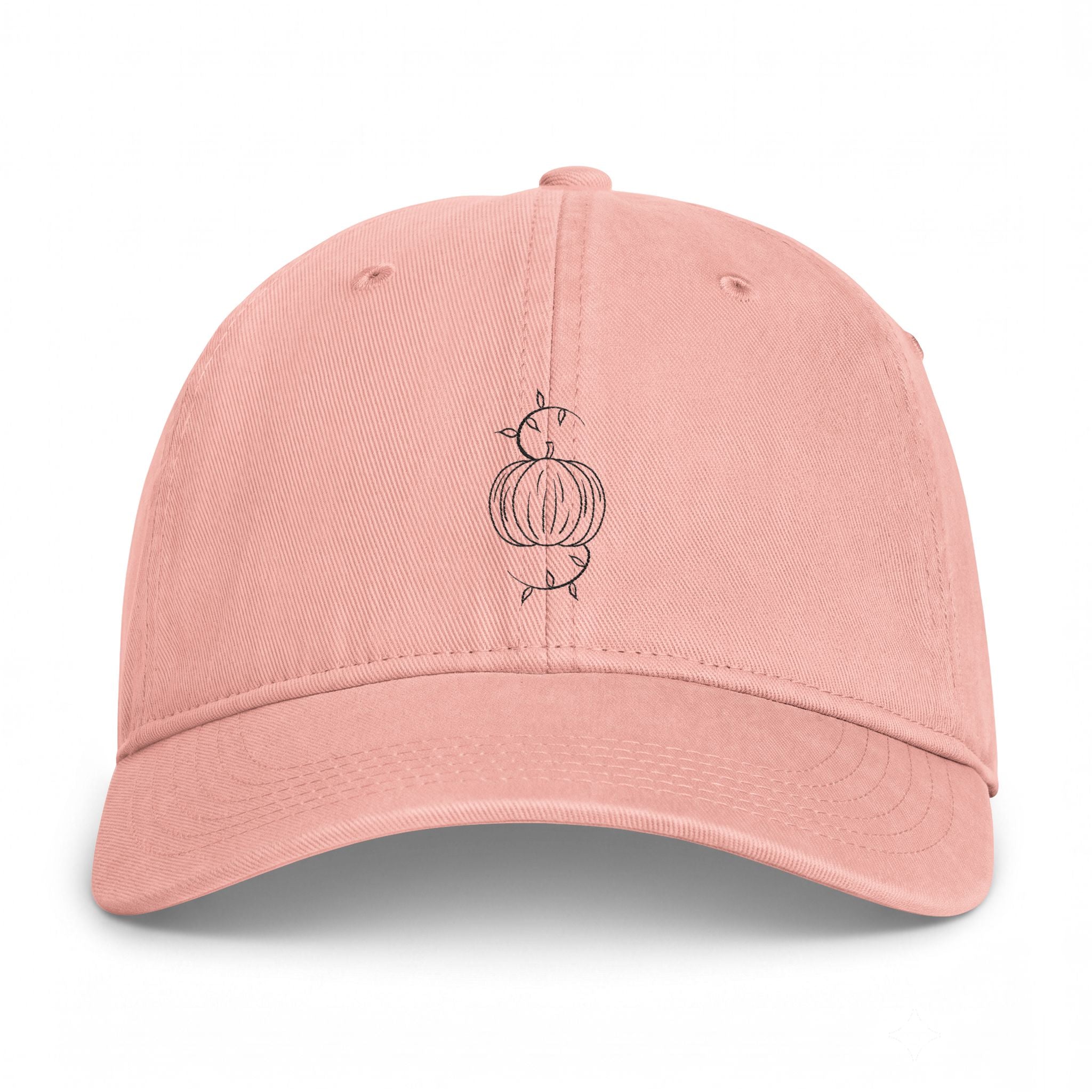Peachy washed baseball cap with embroidered pumpkin graphic and eyelets
