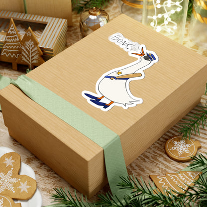 Kiss-cut sticker featuring a cartoon goose with “BONK!” text on a gift box top
