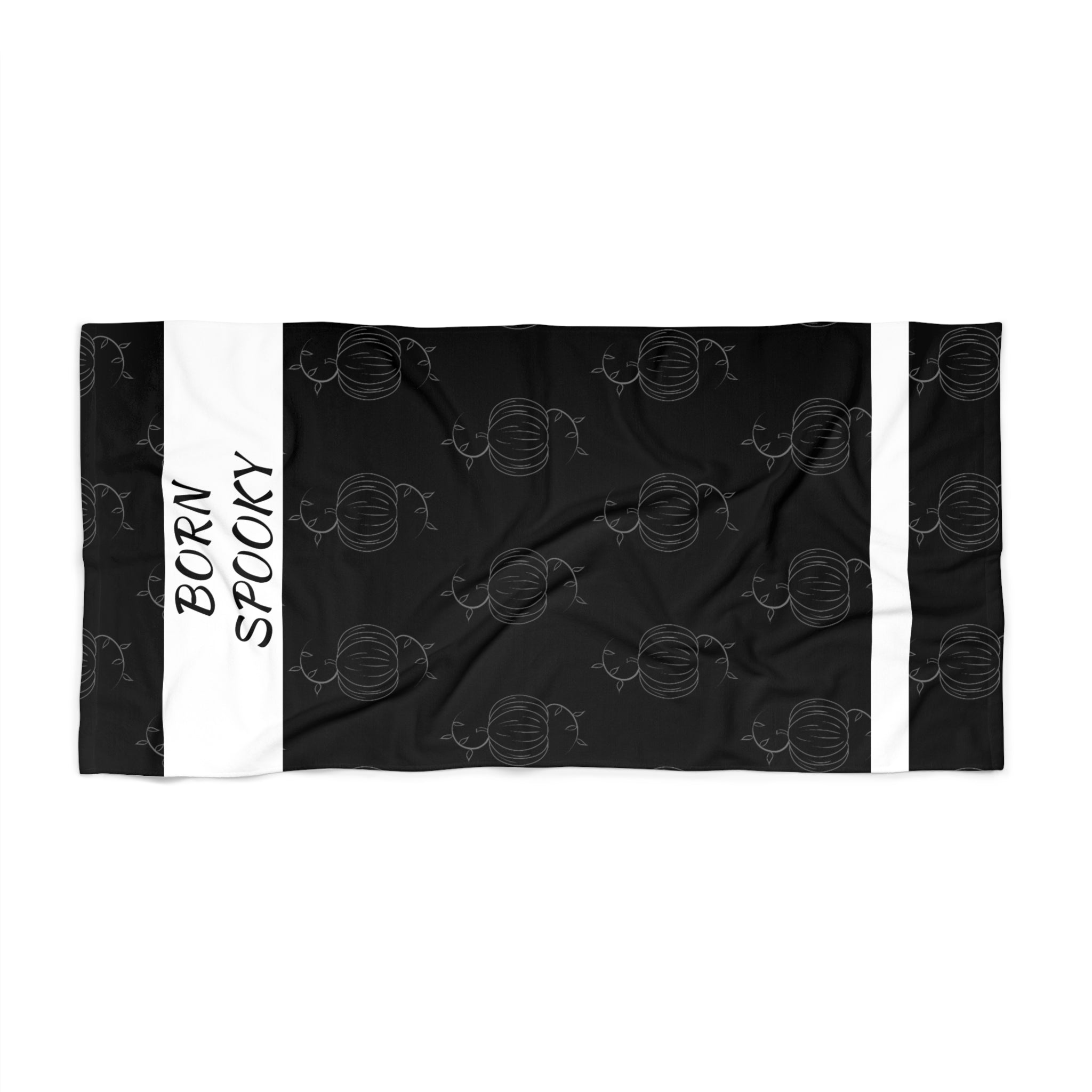 Black beach towel with white side stripe, &