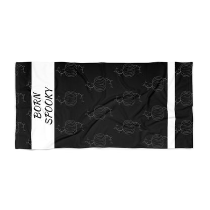 Black beach towel with white side stripe, &