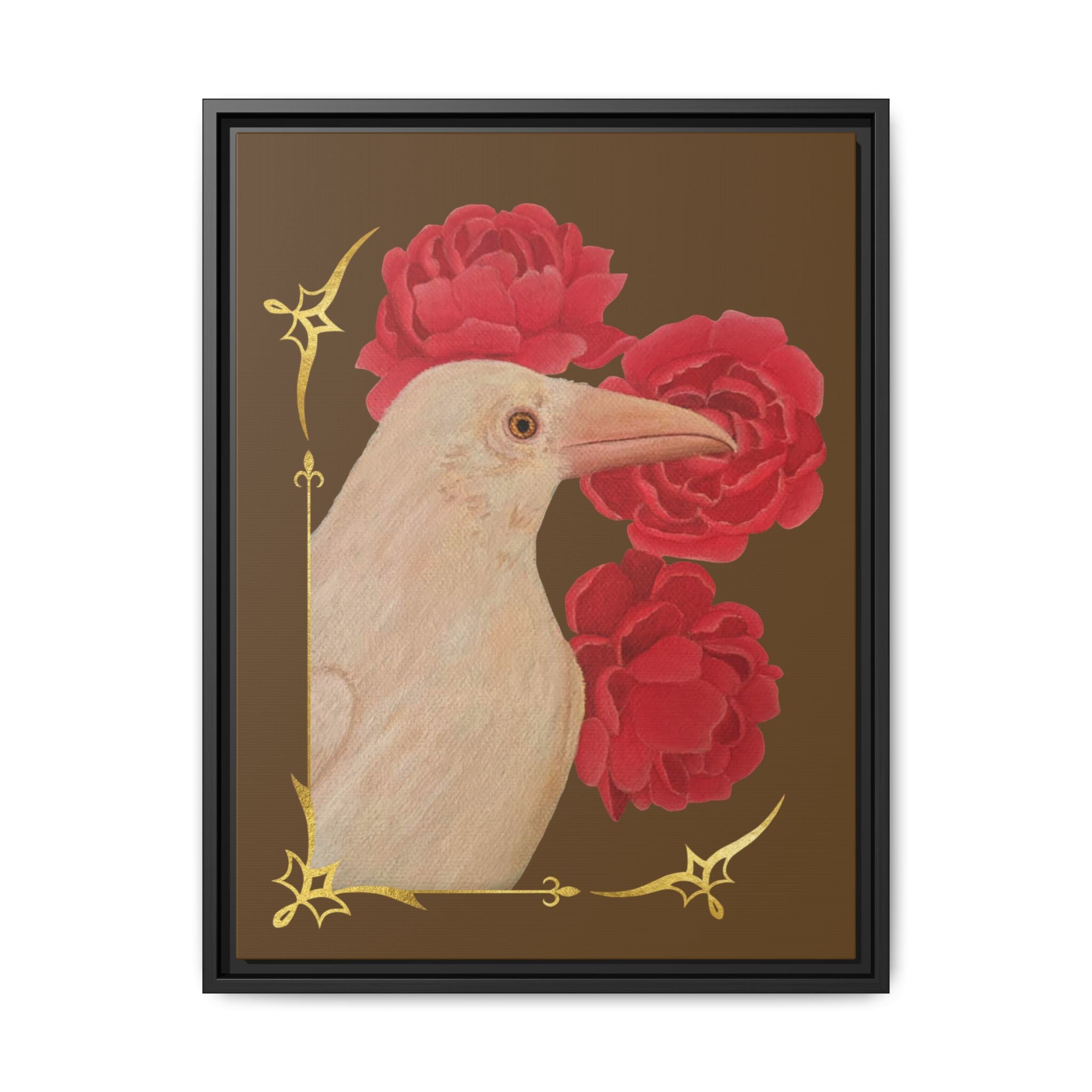 Framed art print close-up of white raven with red peonies, black frame