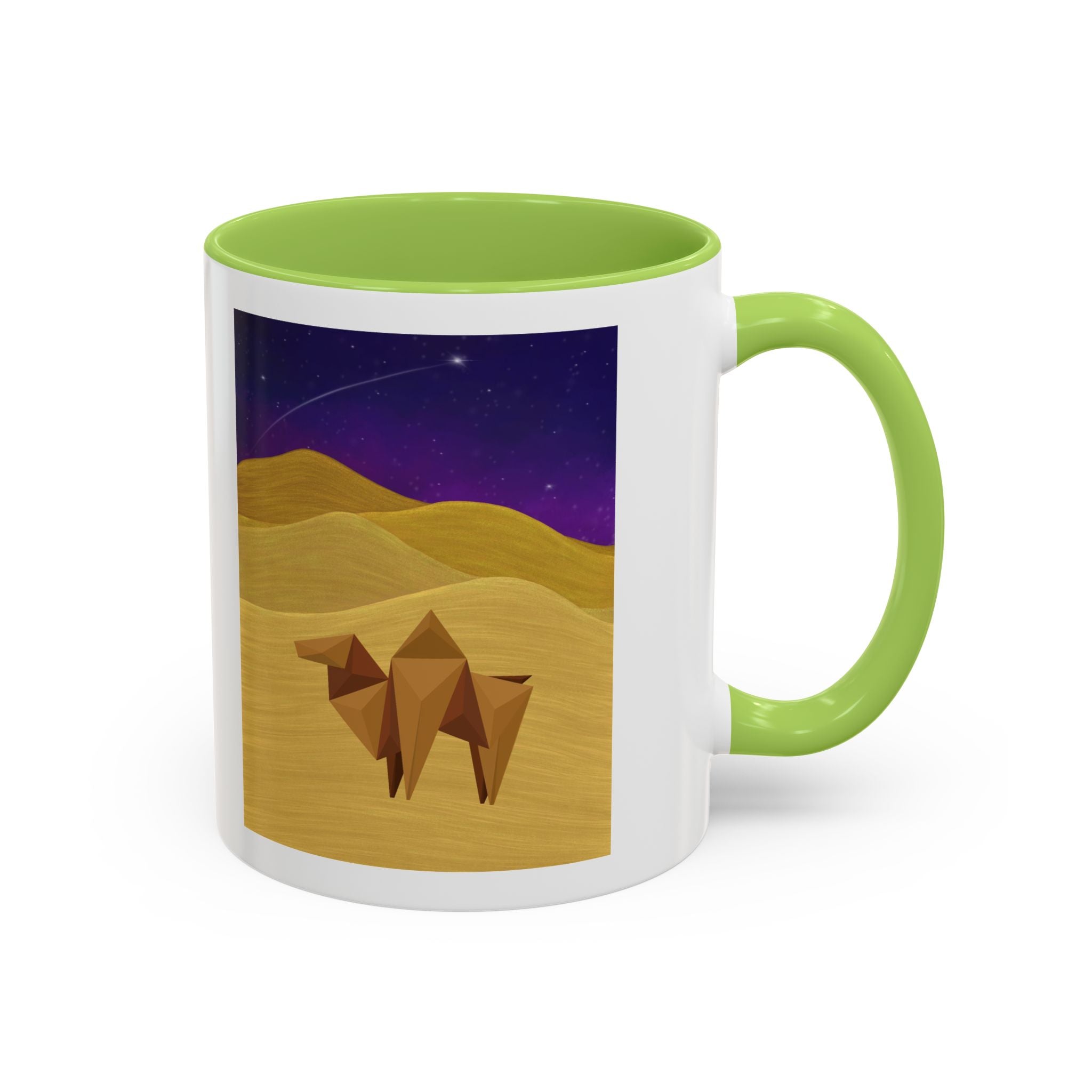 Coffee mug with night-sky origami camel, white with green handle and interior.