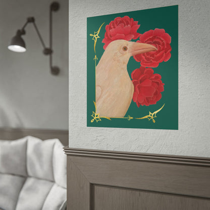 Ivory raven and red peonies poster artwork with gold vine corner accents, teal