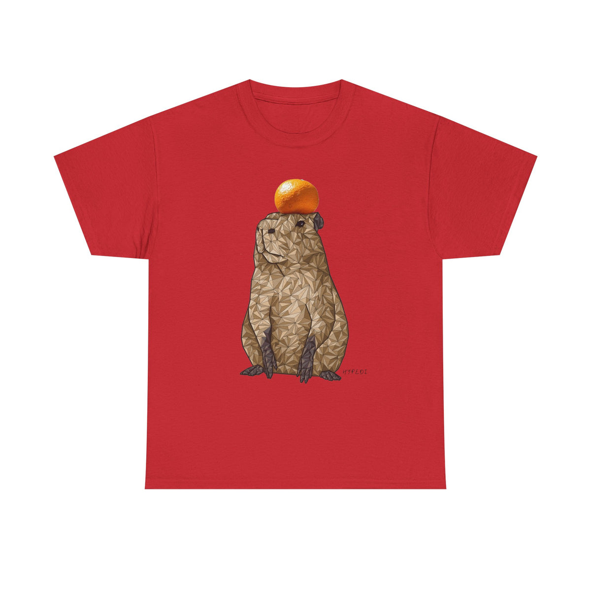 Unisex heavy cotton t-shirt in red with capybara and orange hat graphic on front