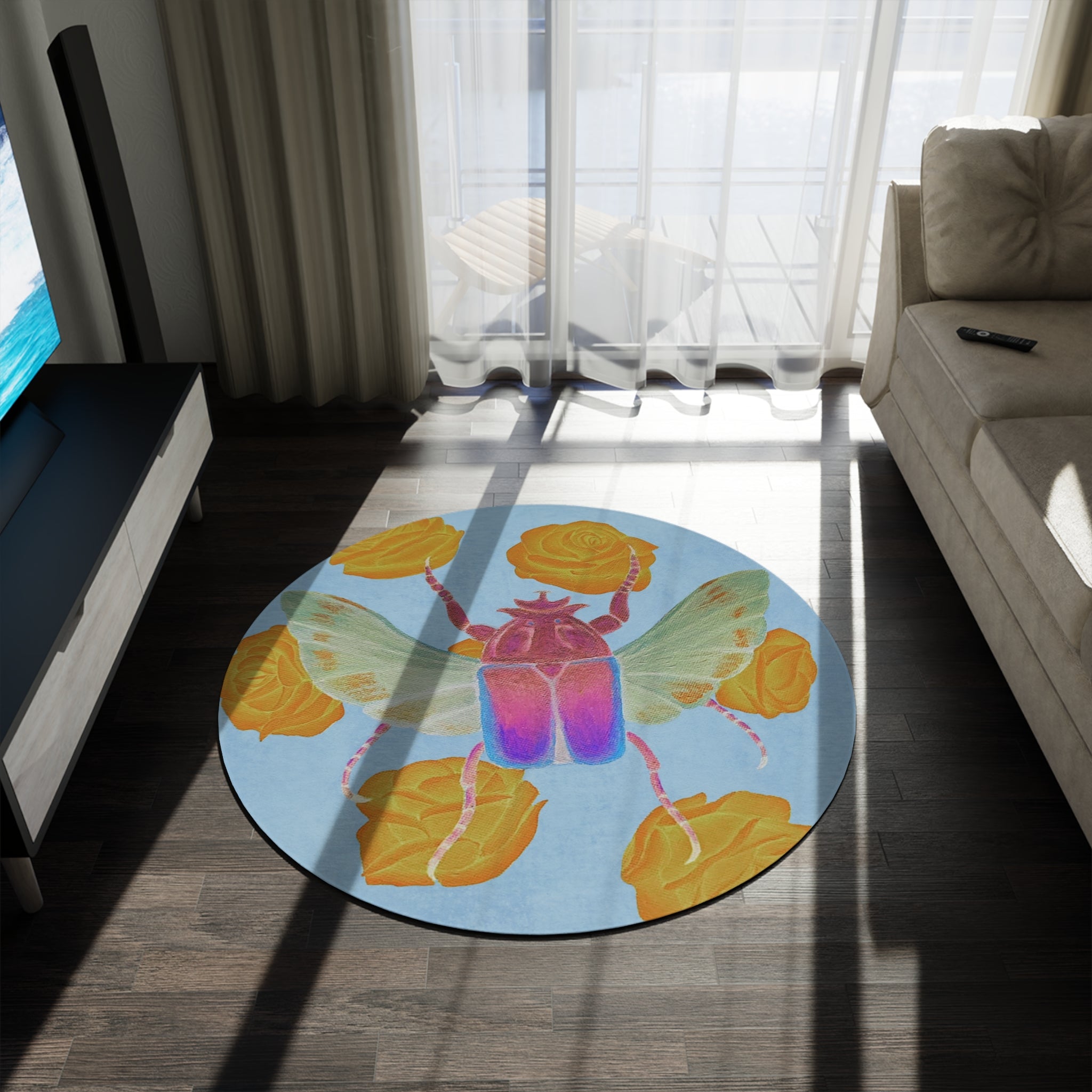 Round area rug with blue background, purple beetle and yellow rose accents