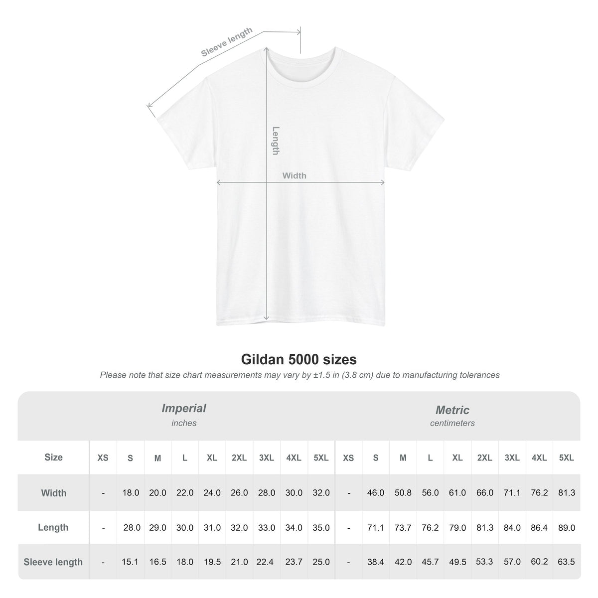 White unisex cotton T-shirt flat layout with size chart diagram