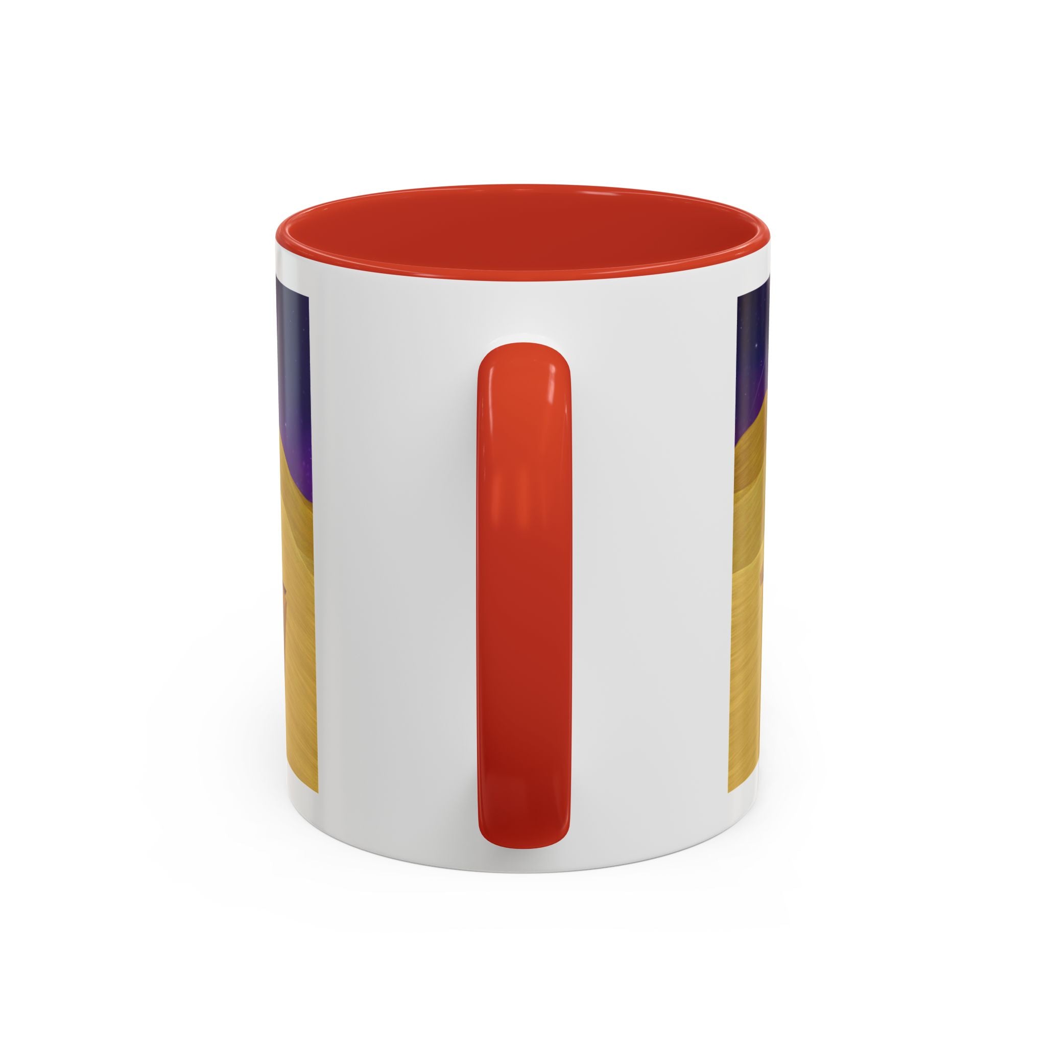 White coffee mug with navy rim and red vertical accent stripe design on the side