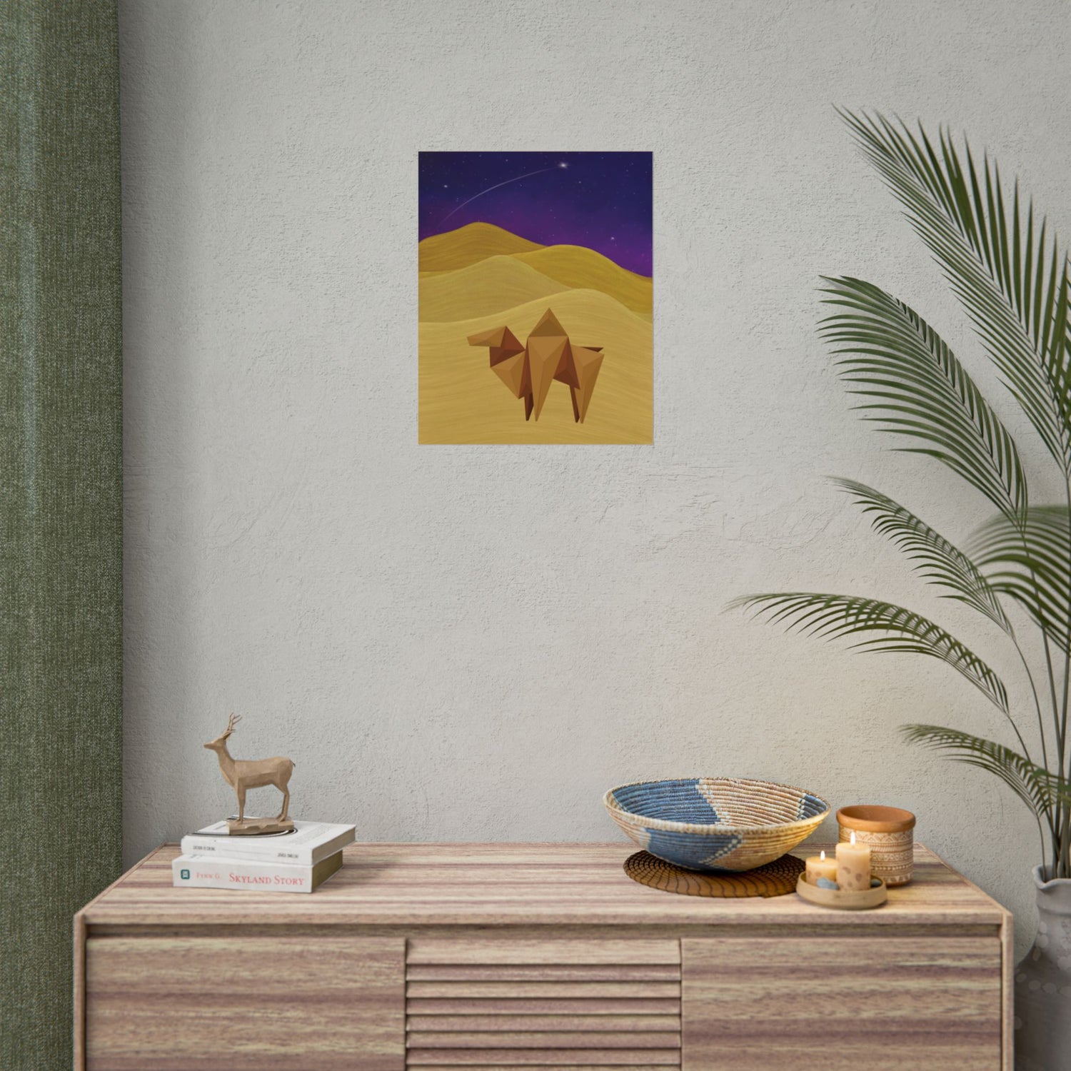 Small camel origami wall art print: golden desert dunes and starry purple night