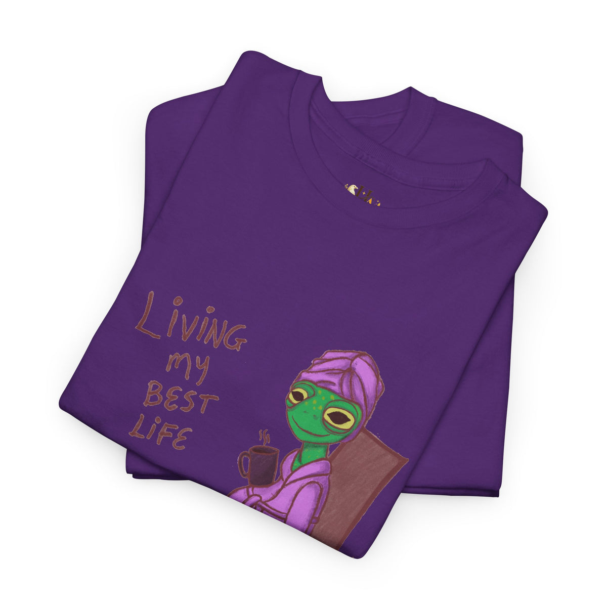 Purple graphic T-shirt with “Living my Best Life” text and illustrated character