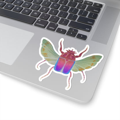 Iridescent beetle kiss-cut sticker with iridescent purple and teal coloring and white outline