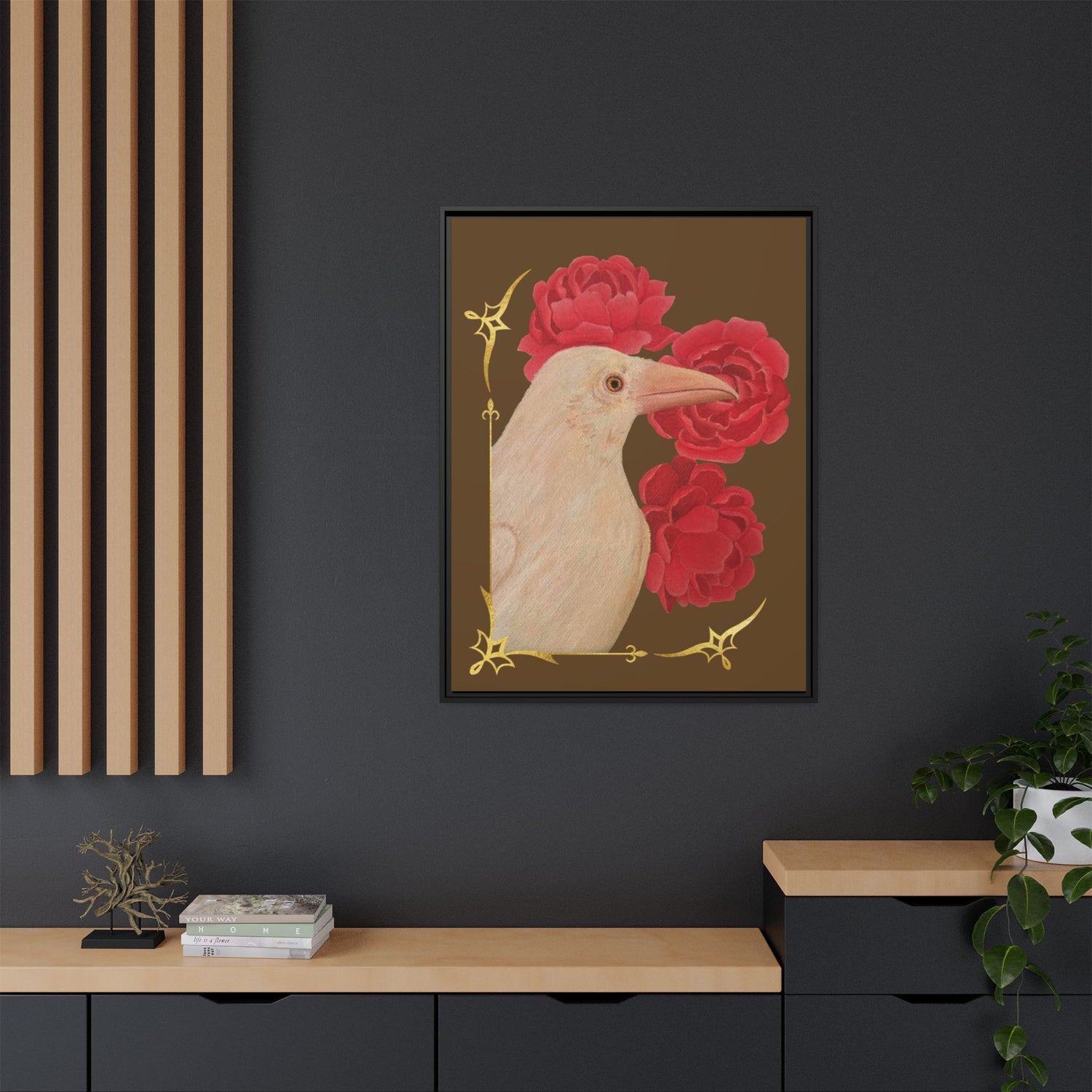 Black framed matte canvas wall art of a white bird with red peonies.