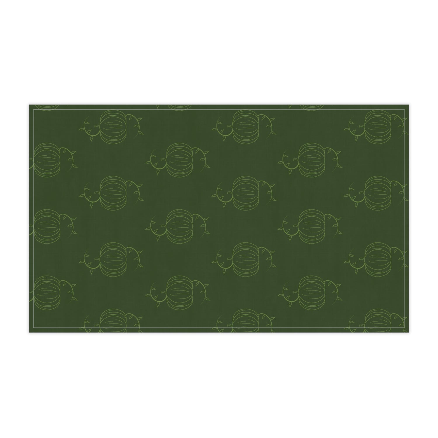 Green pumpkin patterned tea towel, horizontal rectangle with stitched border