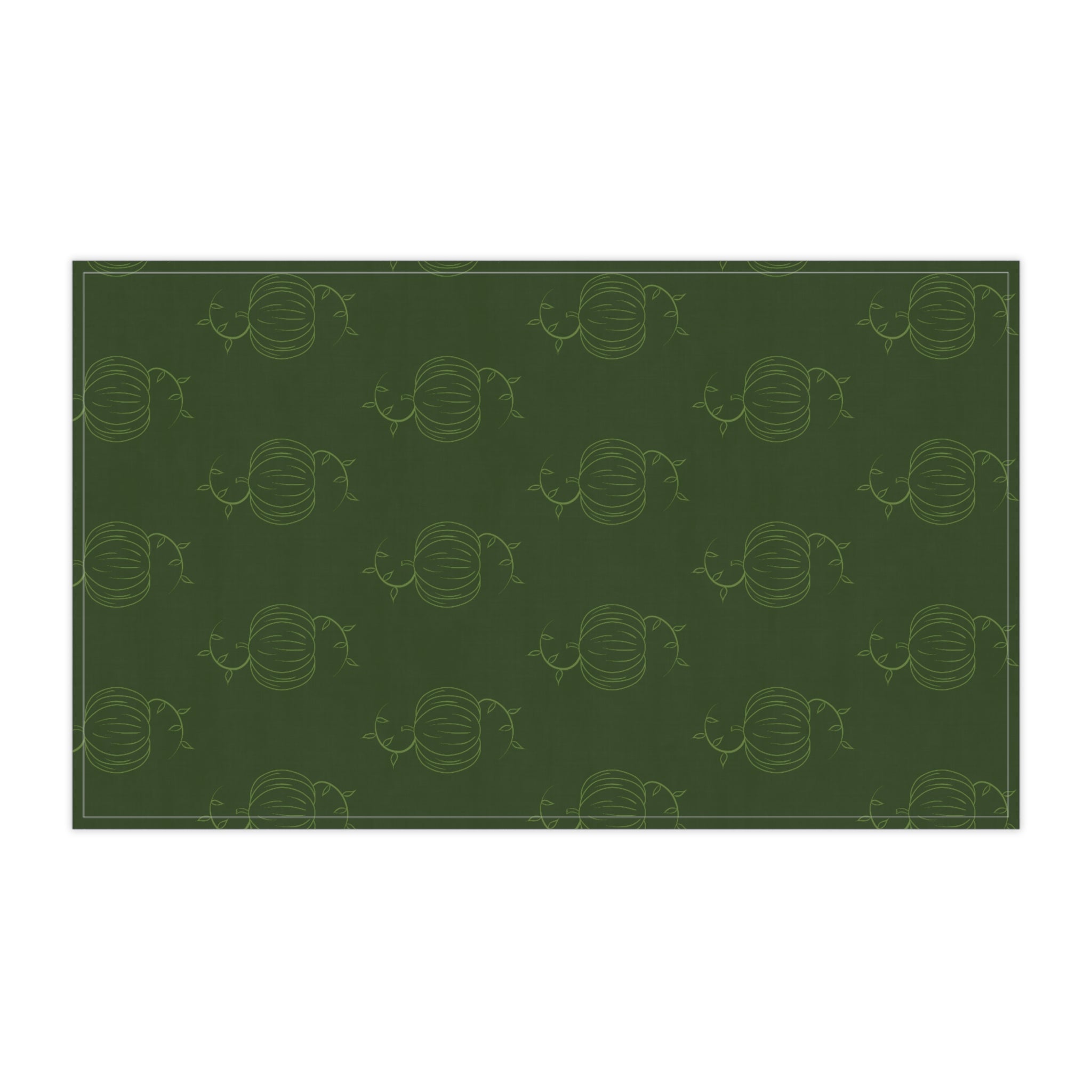 Green pumpkin patterned tea towel, horizontal rectangle with stitched border