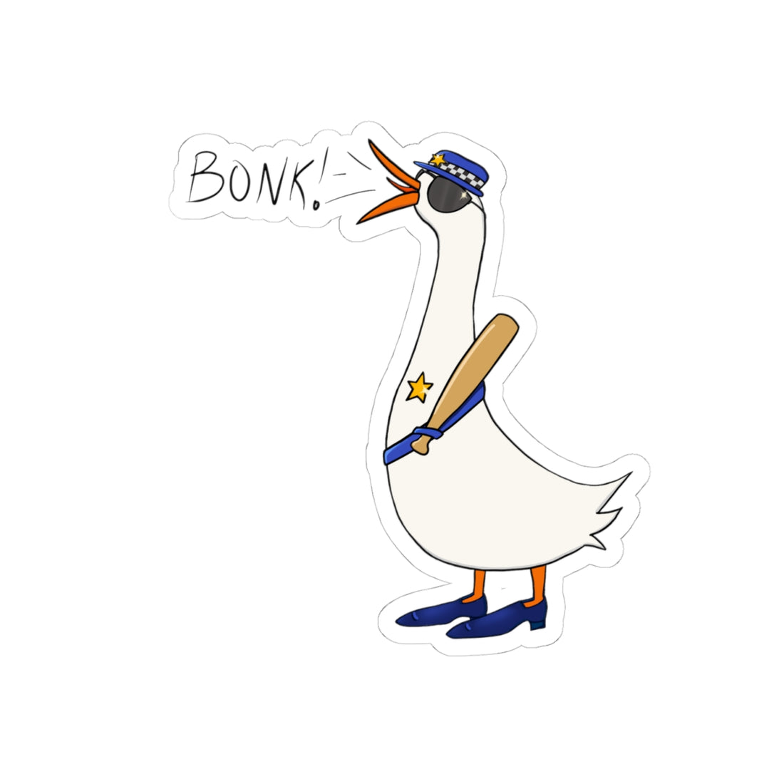 White kiss-cut sticker featuring a cartoon goose in blue uniform, hat, and “BONK!”