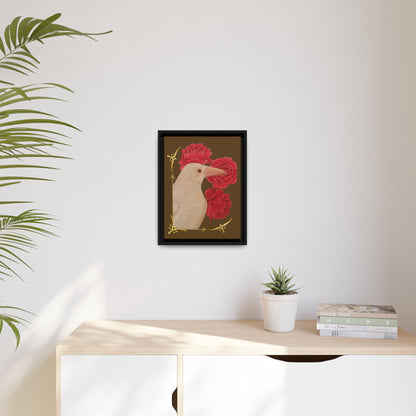 Small black framed matte canvas print: white bird with red peonies and gold vines.
