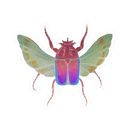 Iridescent beetle kiss-cut sticker, bold color shift on wings and body with white outline