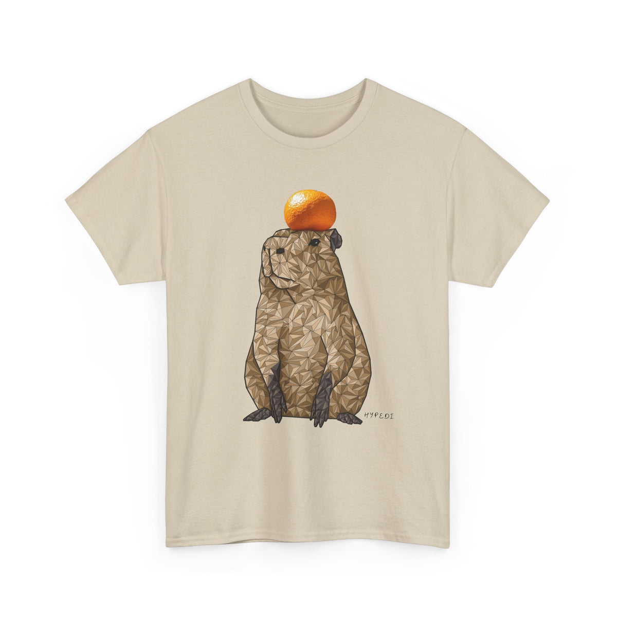 Unisex heavy cotton T-shirt in natural beige with capybara and orange fruit graphic
