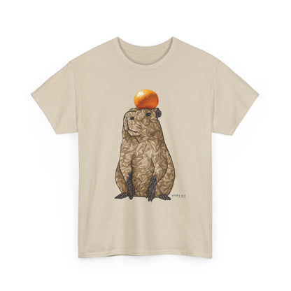 Unisex heavy cotton T-shirt in natural beige with capybara and orange fruit graphic