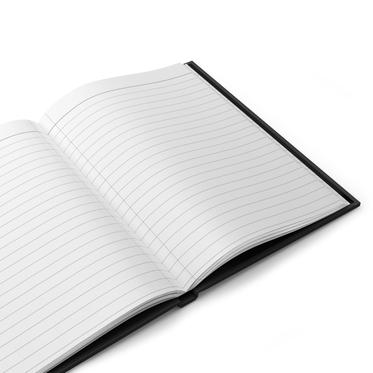 Hardcover journal with opened lined pages and black inner cover