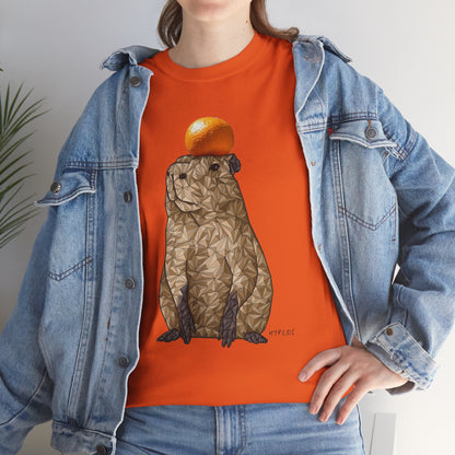 Unisex orange crewneck t-shirt with polygon capybara and orange fruit graphic