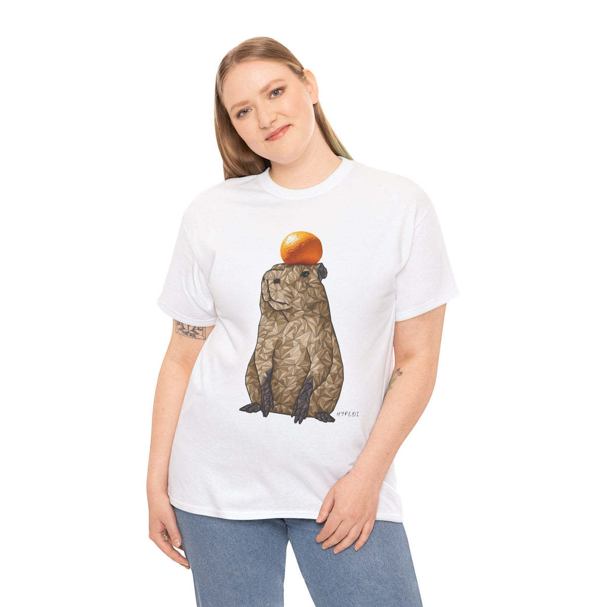 Unisex graphic T-shirt, white crewneck with capybara and orange top print