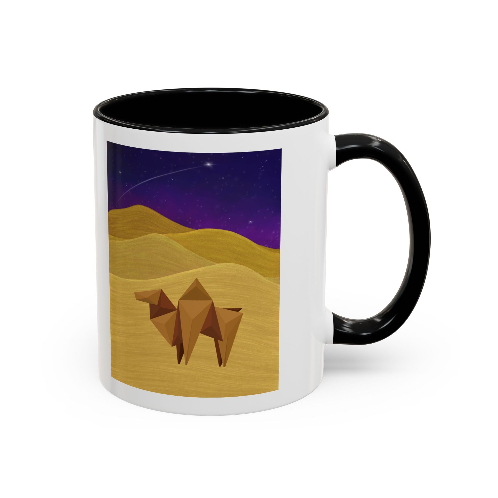 White coffee mug with black rim and handle; origami camel desert night sky graphic