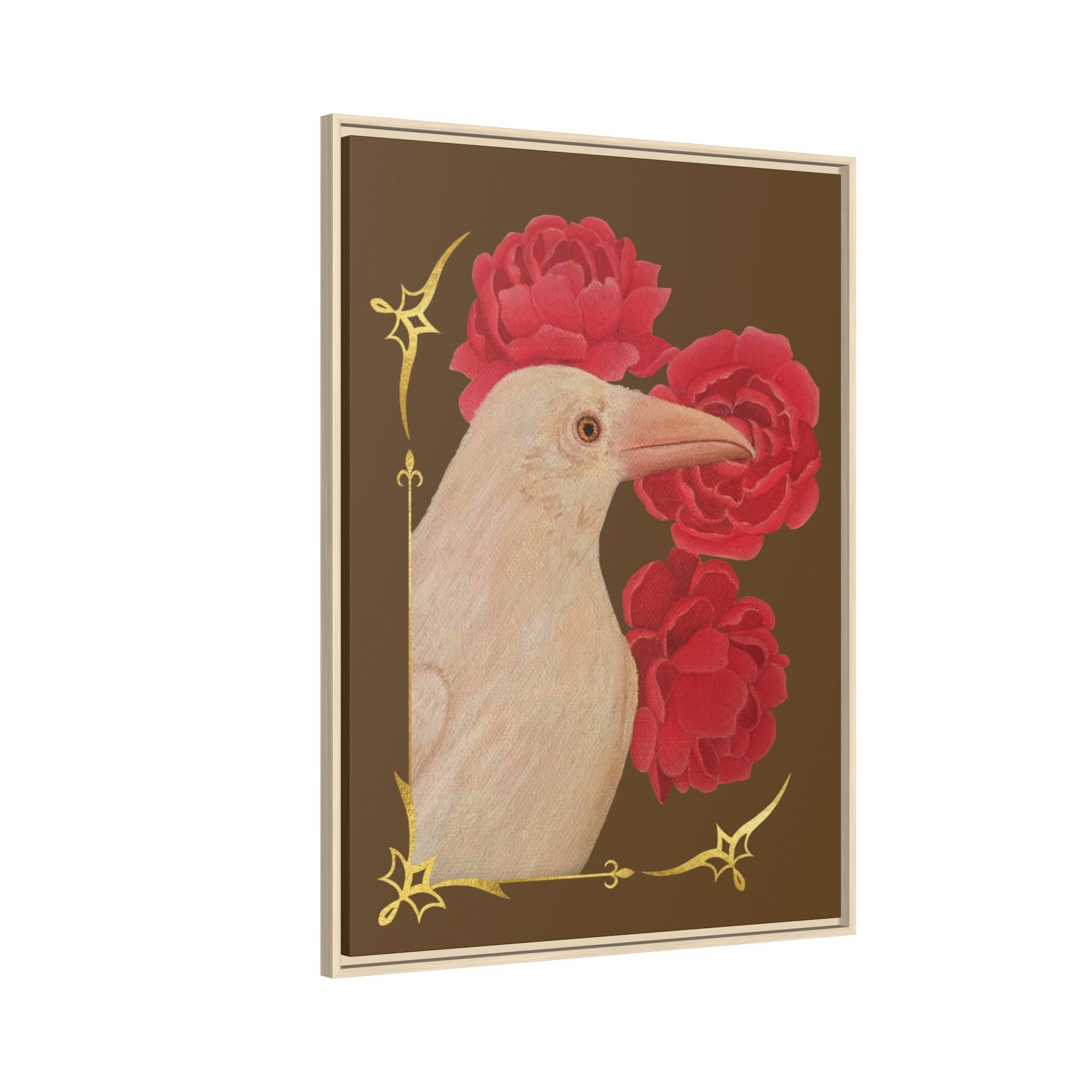 Framed art print angled view of white raven with red peonies, light wood frame