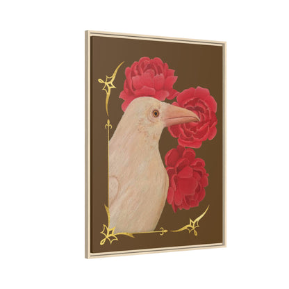Framed art print angled view of white raven with red peonies, light wood frame