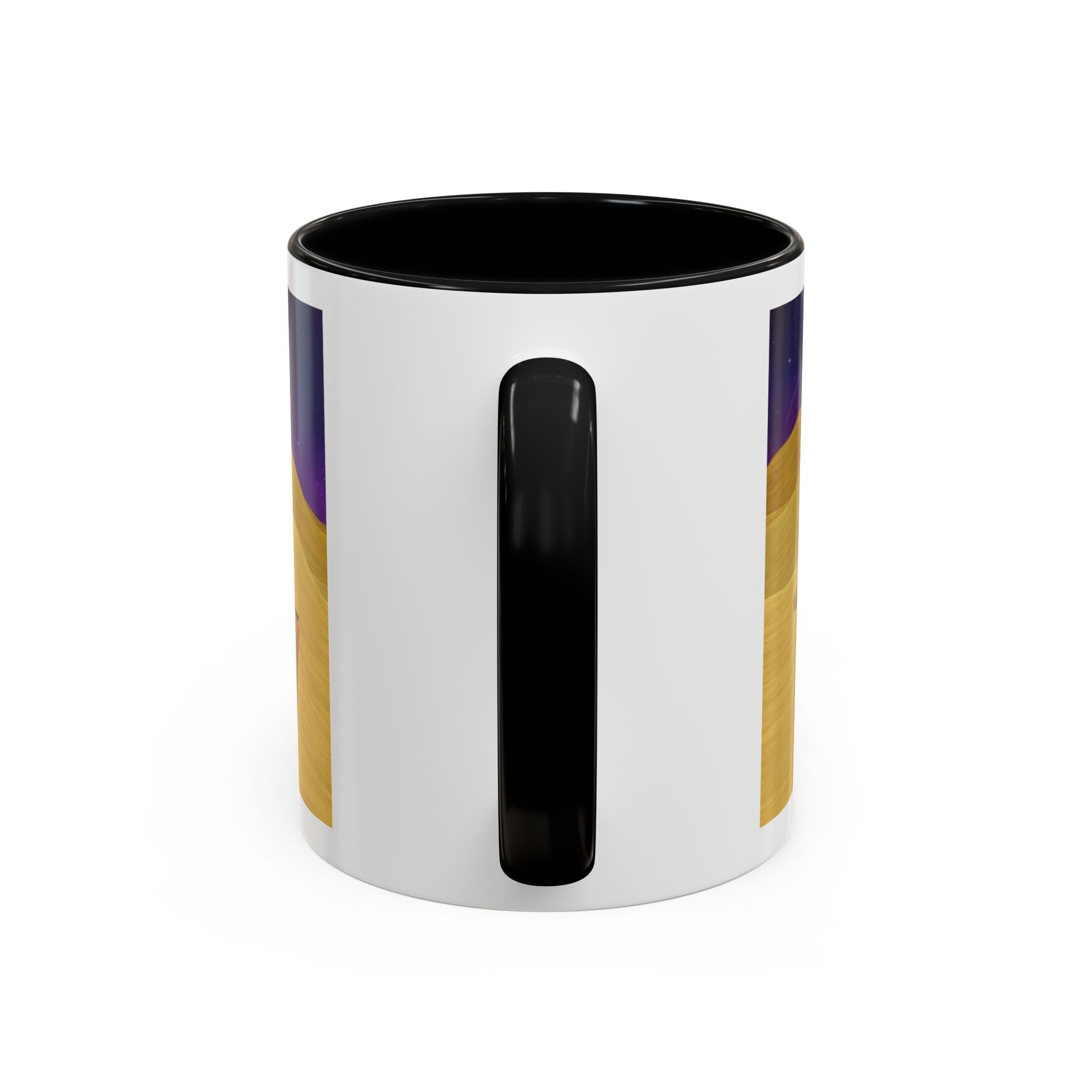 White coffee mug with black rim and handle; vertical glossy panel on the front
