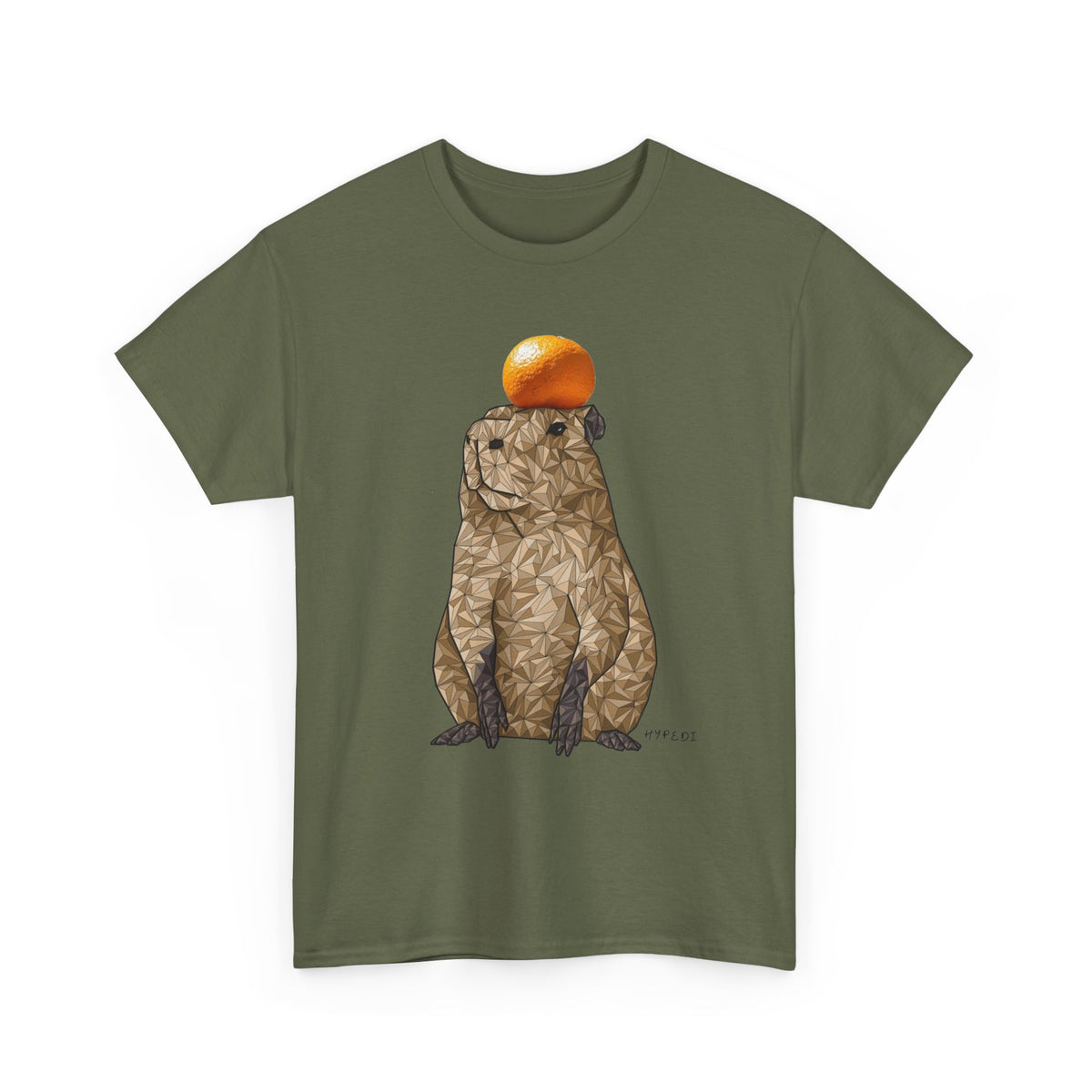 Olive green unisex cotton T-shirt with capybara and orange fruit graphic