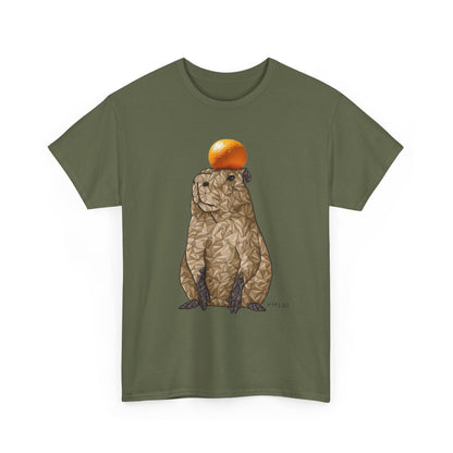 Olive green unisex cotton T-shirt with capybara and orange fruit graphic