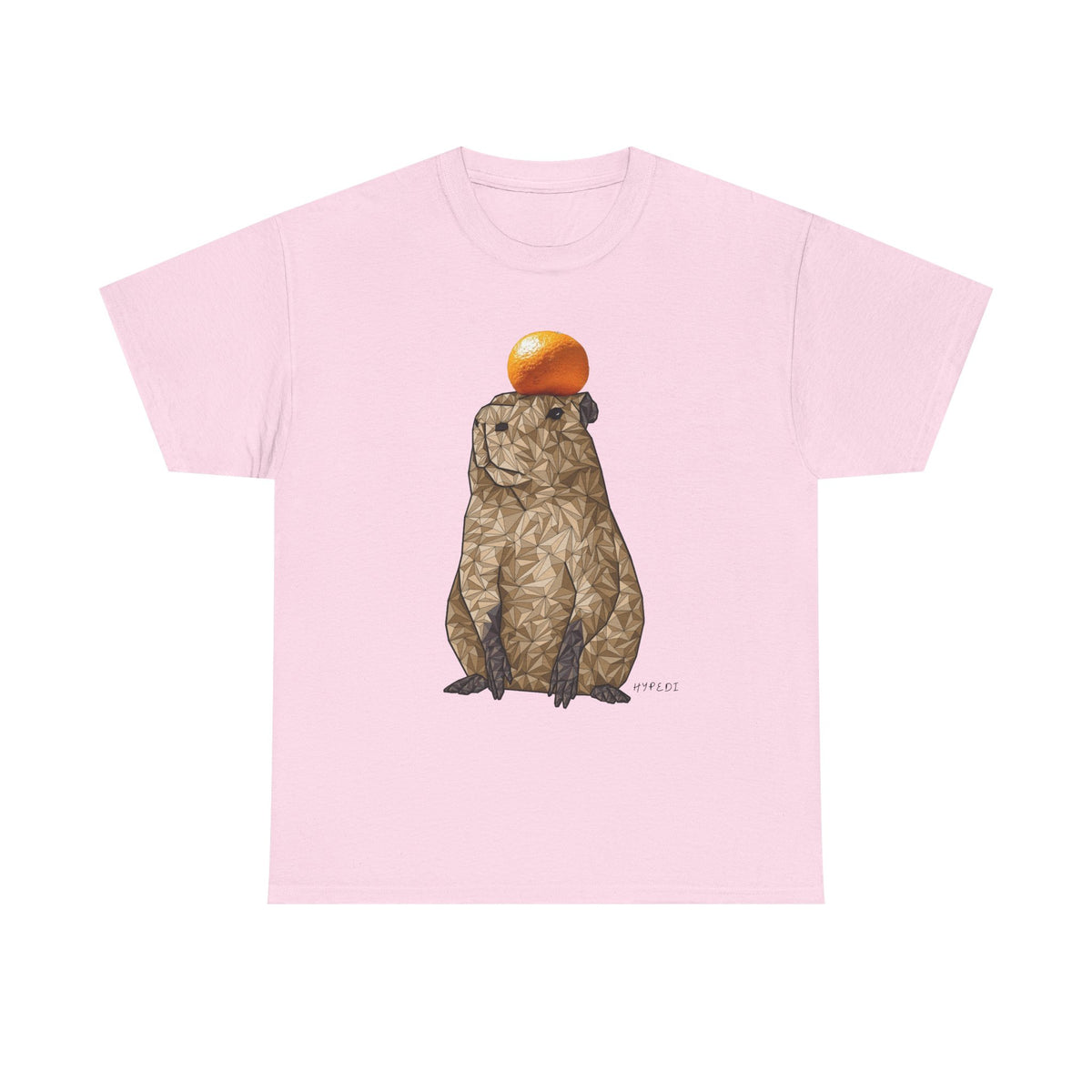 Unisex heavy cotton t-shirt in light pink with capybara and orange hat graphic on front
