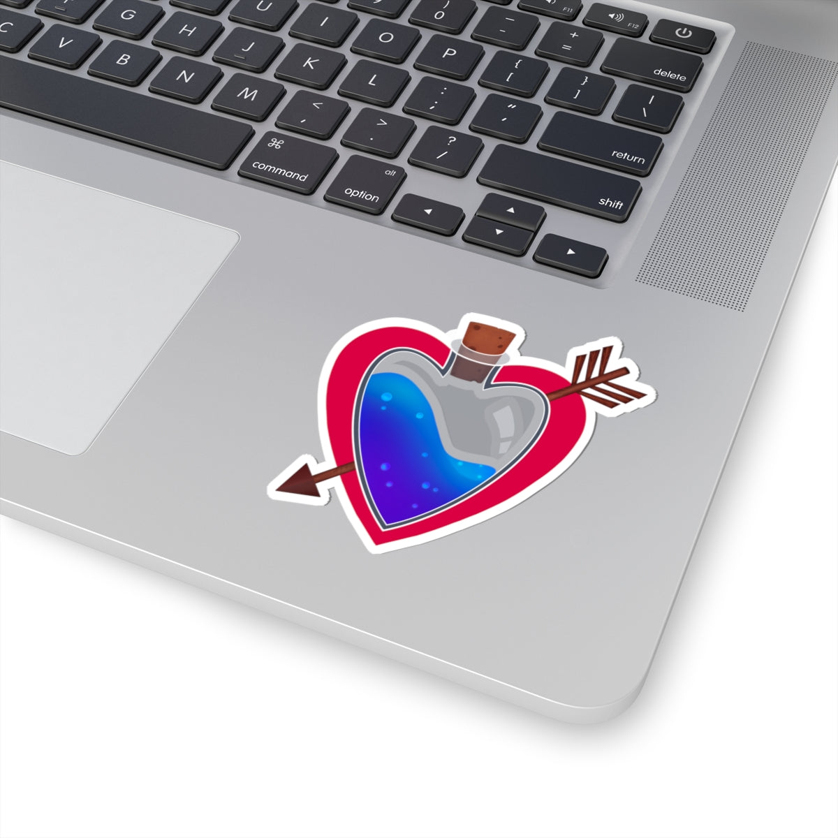 Heart potion kiss-cut vinyl sticker with blue liquid, red outline, cupid arrows and bow