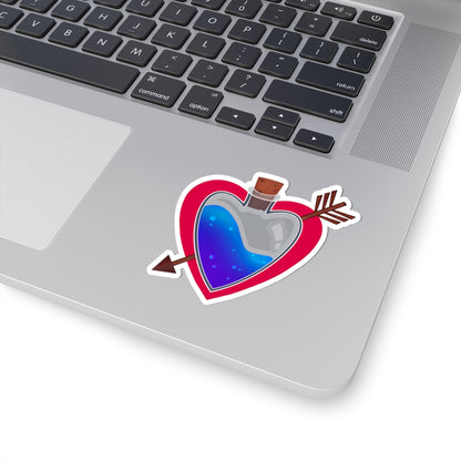 Heart potion kiss-cut vinyl sticker with blue liquid, red outline, cupid arrows and bow