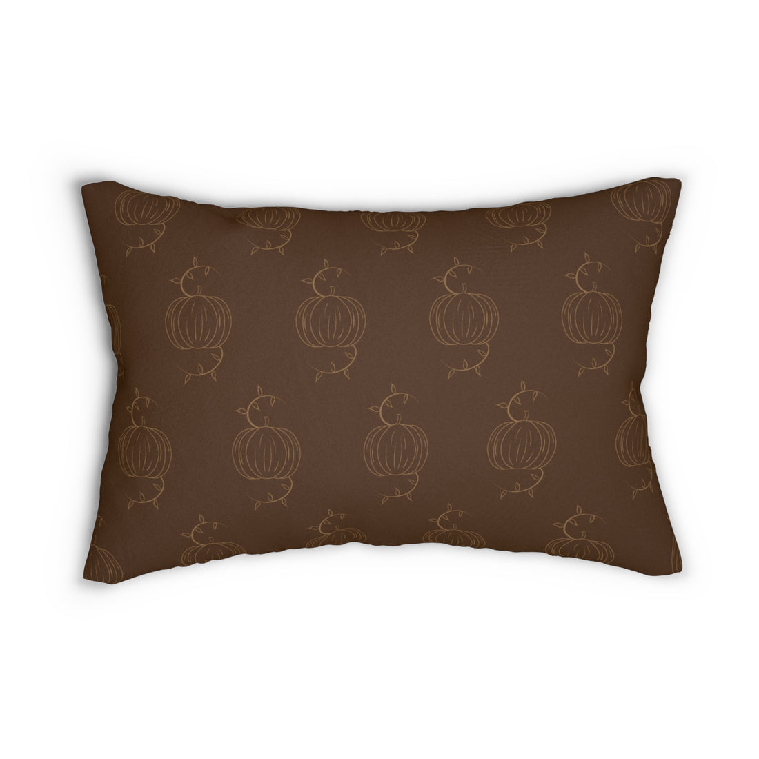 Brown lumbar pillow with tan pumpkin pattern and stitched border edges
